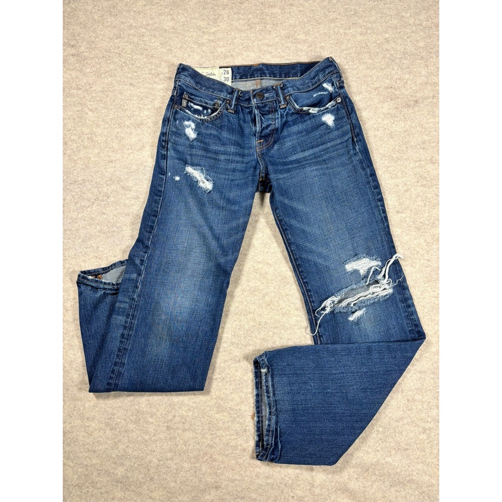 Y2K Abercrombie & Fitch Classic Straight Distressed Blue Denim Jeans Mens 28x30